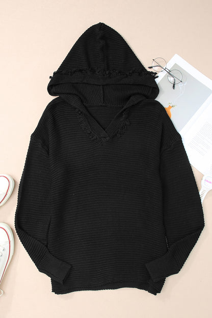 Ribbed Raw Edge Hooded Sweater