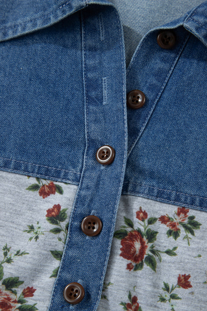 Plus Size Floral Denim Patchwork Polo Tee