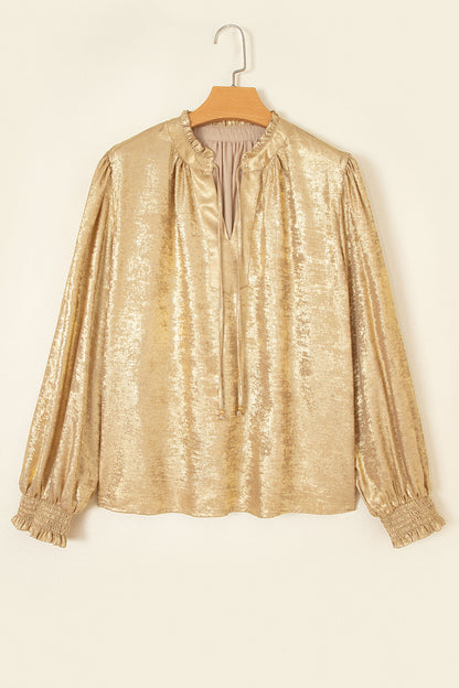 Metallic Tie V-Neck Long Sleeve Blouse