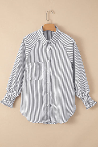 Stripe Smocked Long Sleeve Button-Up Shirt