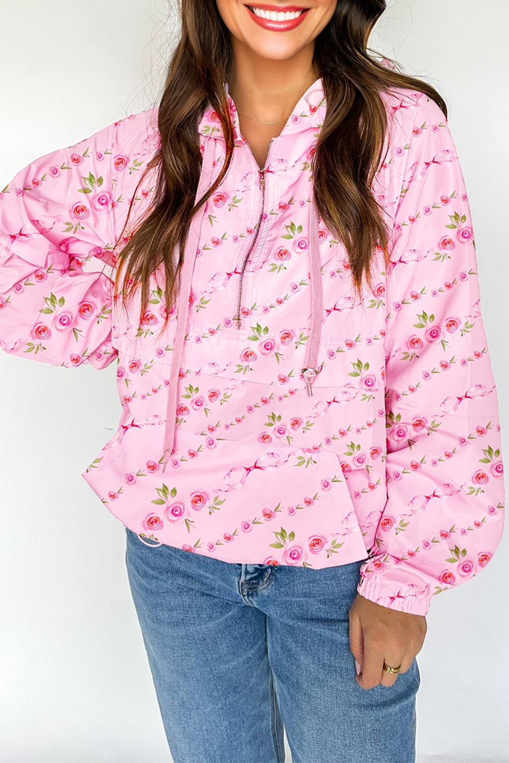 Floral Half Zip Kangaroo Pocket Drawstring Hoodie