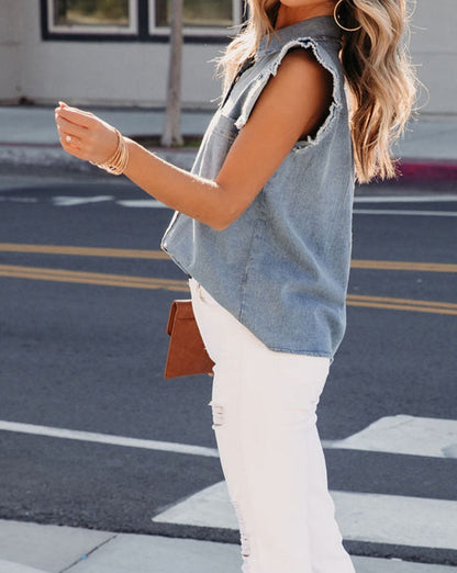 Denim Frayed Flutter Sleeve Shirt