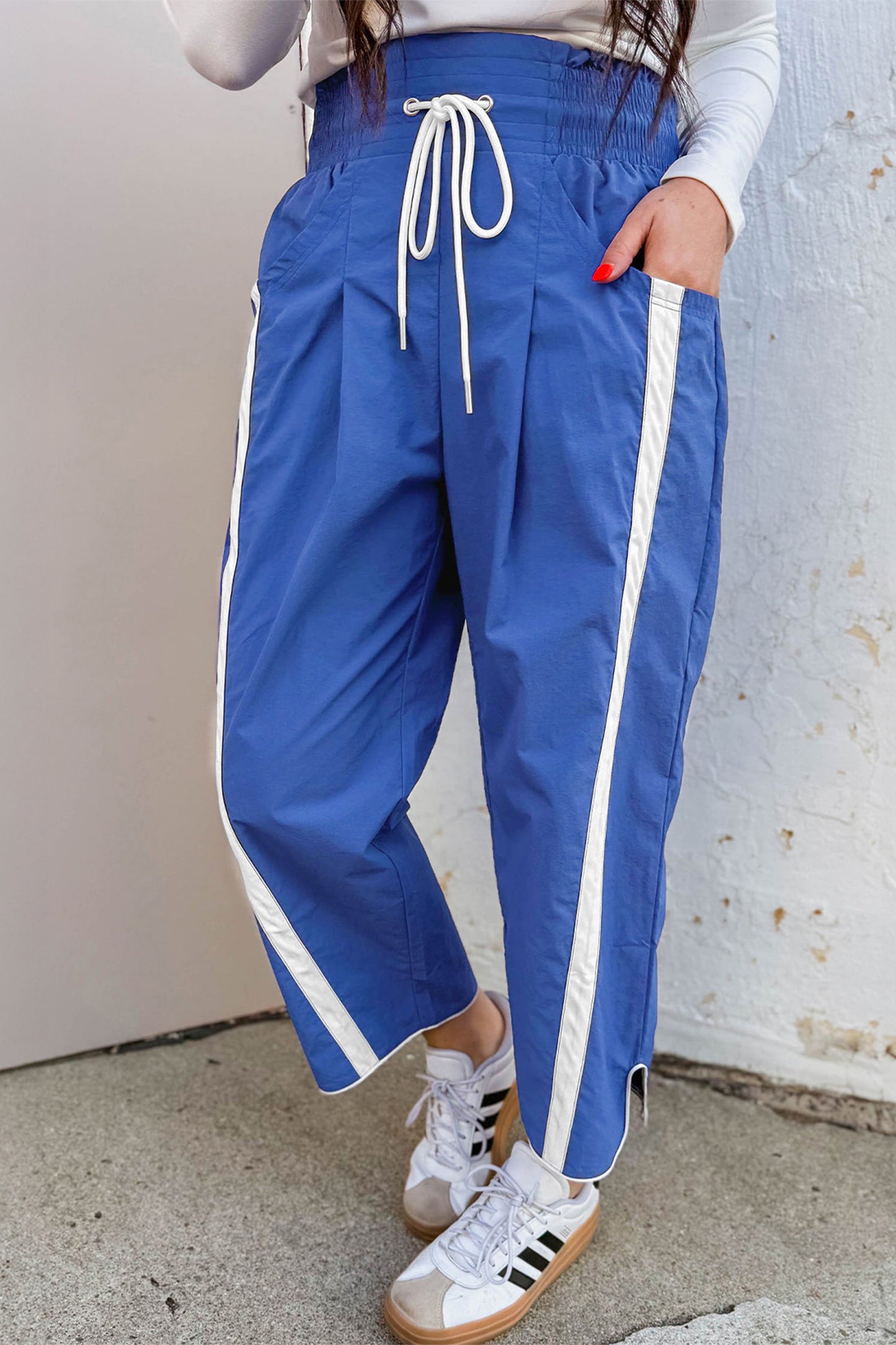 Stripe Smocked Waist Drawstring Cropped Pants