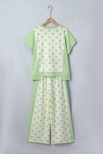 Polka Dot Patchwork Top & Wide Leg Pants Set