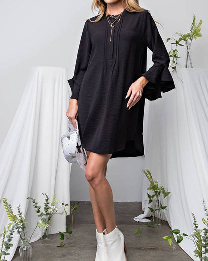 Pleated Ruffle 3/4 Sleeve Dress