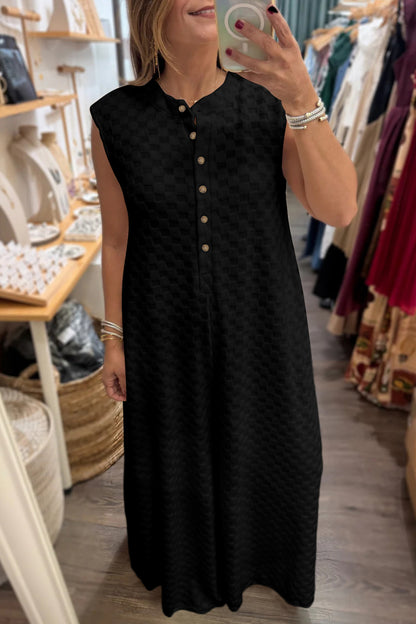 Checker Textured Sleeveless Wide Leg Jumpsuit