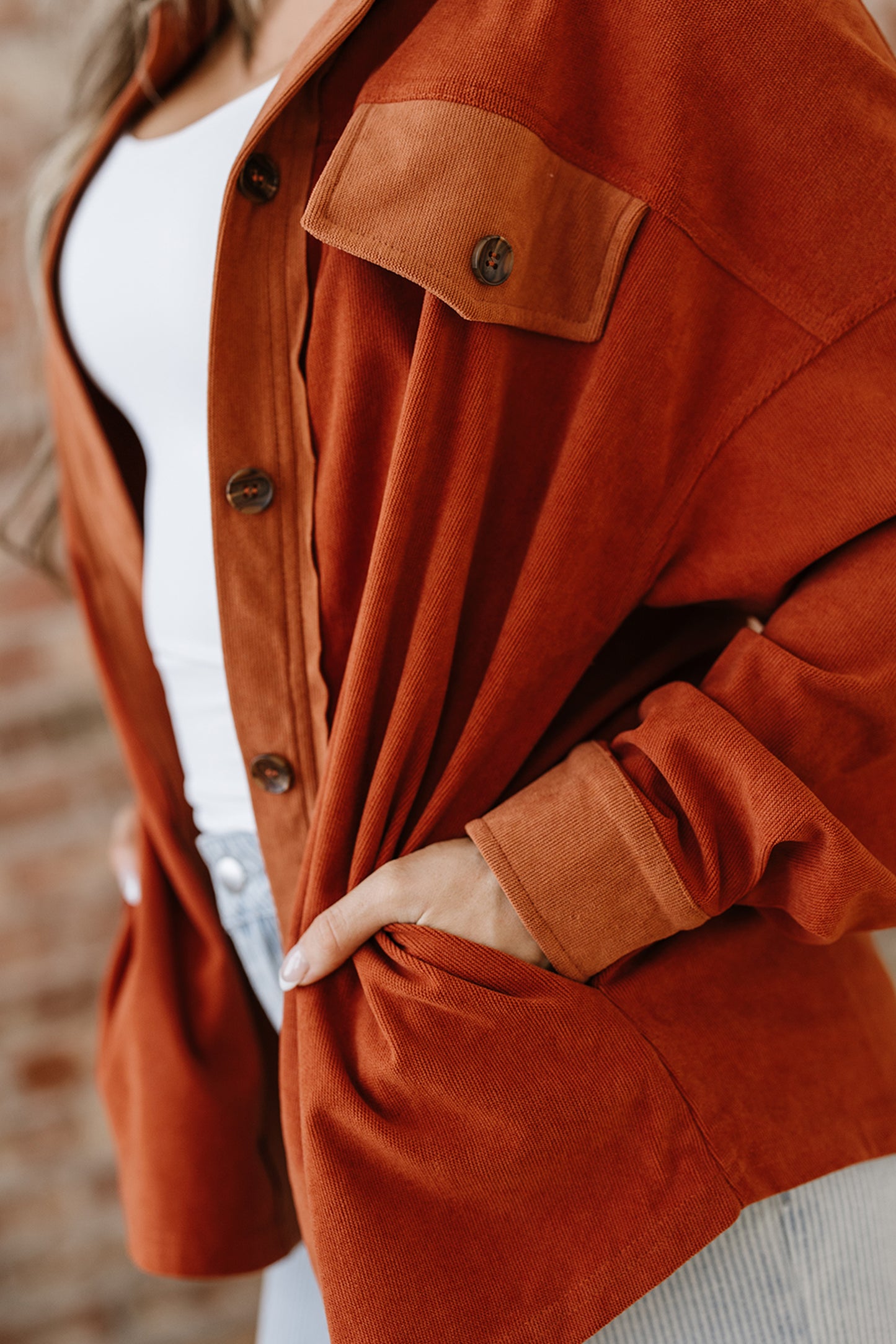 Velvet Button-Up Flap Pocket Drop Shoulder Shacket