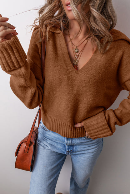 Solid Collared V-Neck Ribbed Edge Sweater