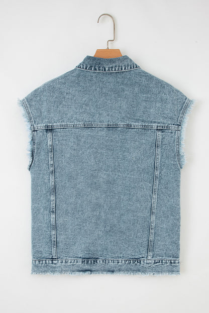 Denim Button Flap Pocket Frayed Vest