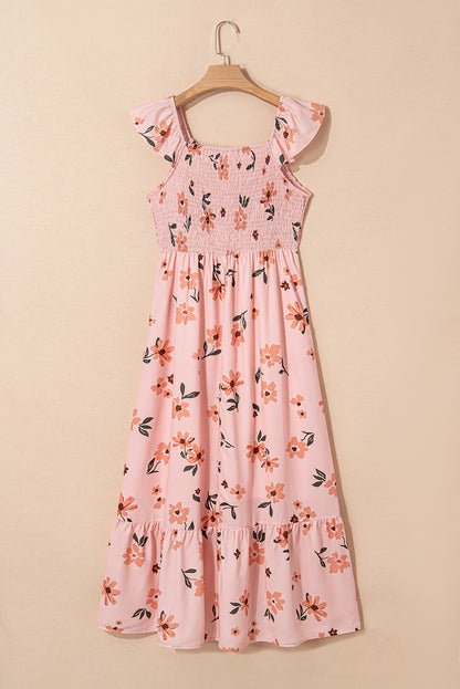 Floral V-Neck Smocked Ruffle Hem Maxi Dress