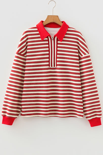 Stripe Contrast Zip Collared V-Neck Long Sleeve Top