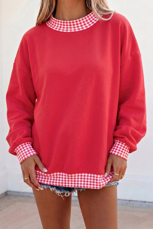 Gingham Contrast Trim Long Sleeve Sweatshirt