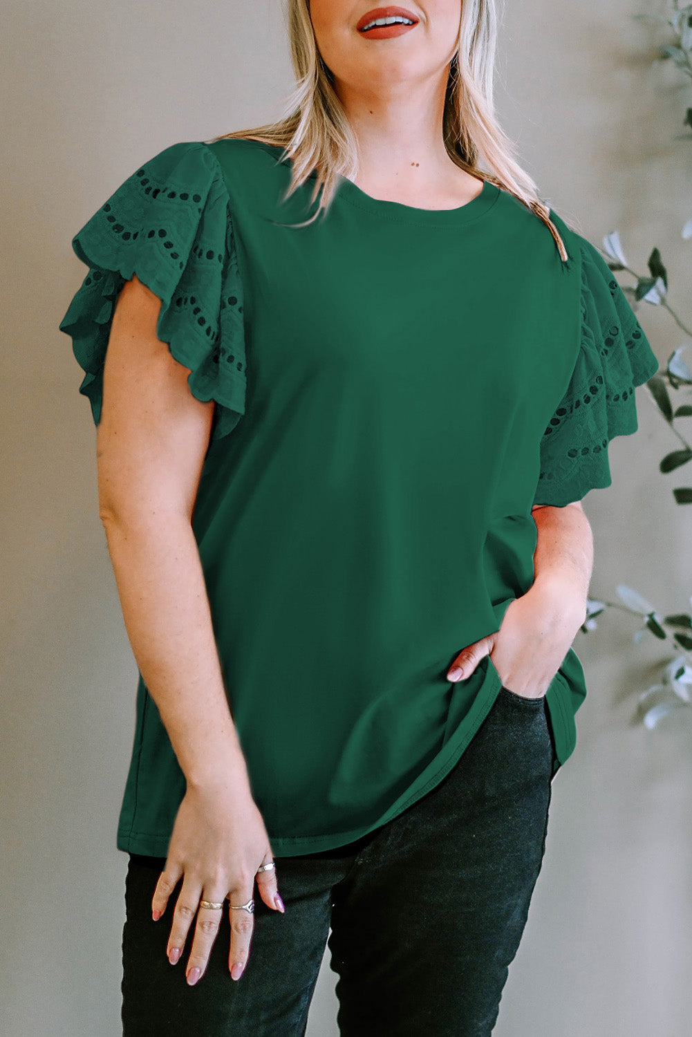 Eyelet Flutter Sleeve Top Plus Size