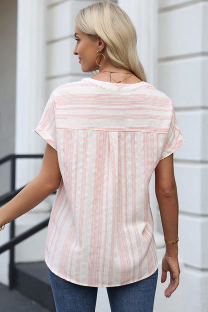 Stripe Half Buttoned Short Sleeve Blouse