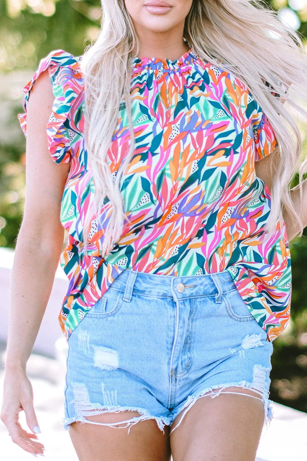 Abstract Floral Flutter Sleeve Blouse