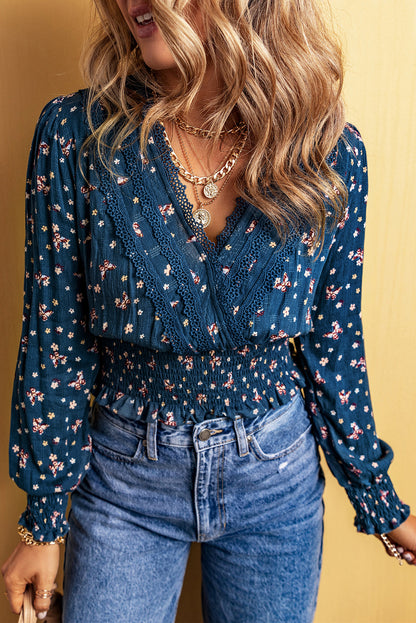 Floral Lace Smocked Waist Blouse