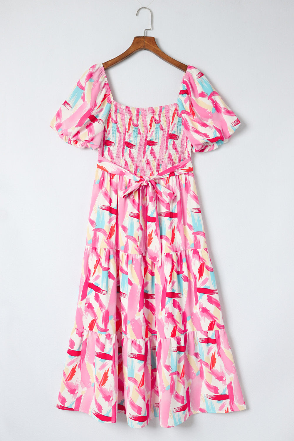 Abstract Smocked Puff Sleeve Dress