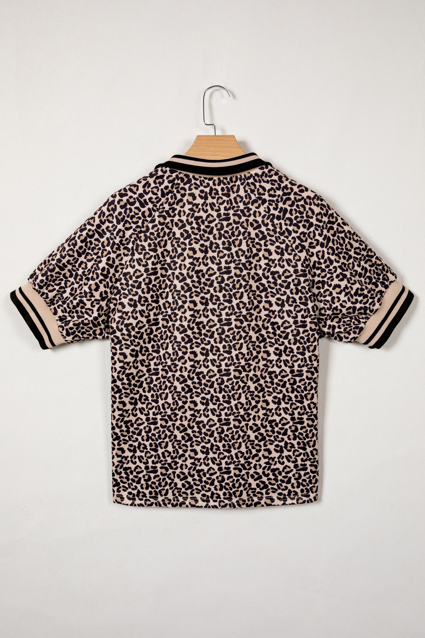 Leopard Half Zip Stripe Trim Short Sleeve Top