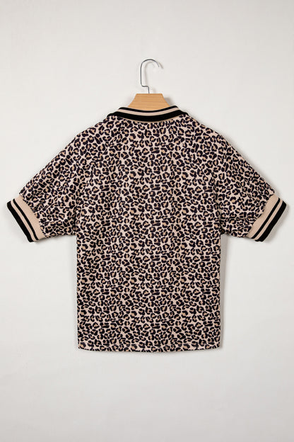 Leopard Half Zip Stripe Trim Short Sleeve Top