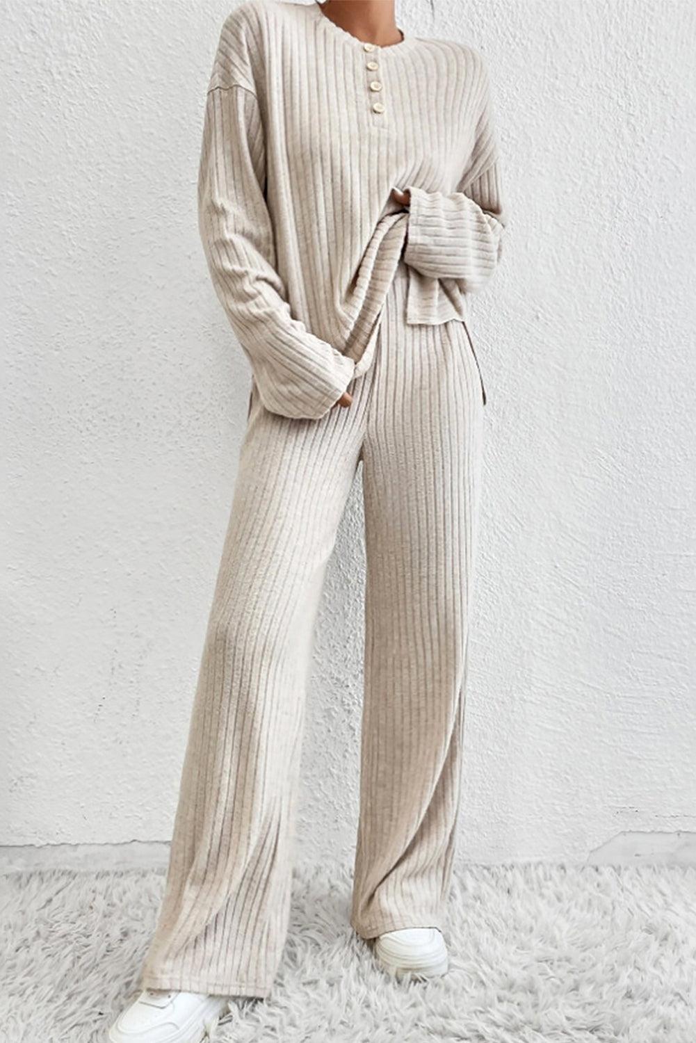 Ribbed Henley Top and Pants Set