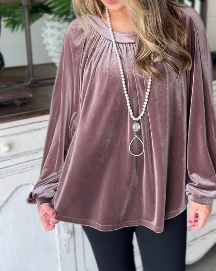 Velvet Puff Sleeve Boatneck Top