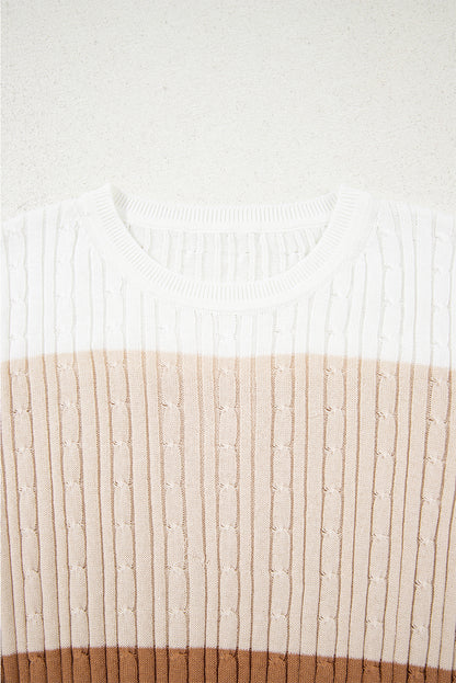 Colorblock Cable Knit Round Neck Sweater