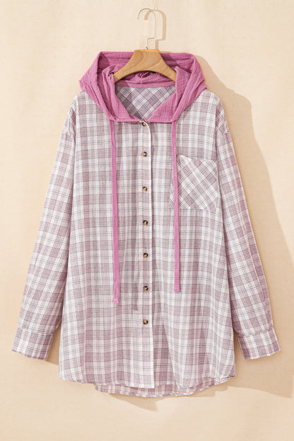 Plaid Button-Up Hooded Shirt Plus Size