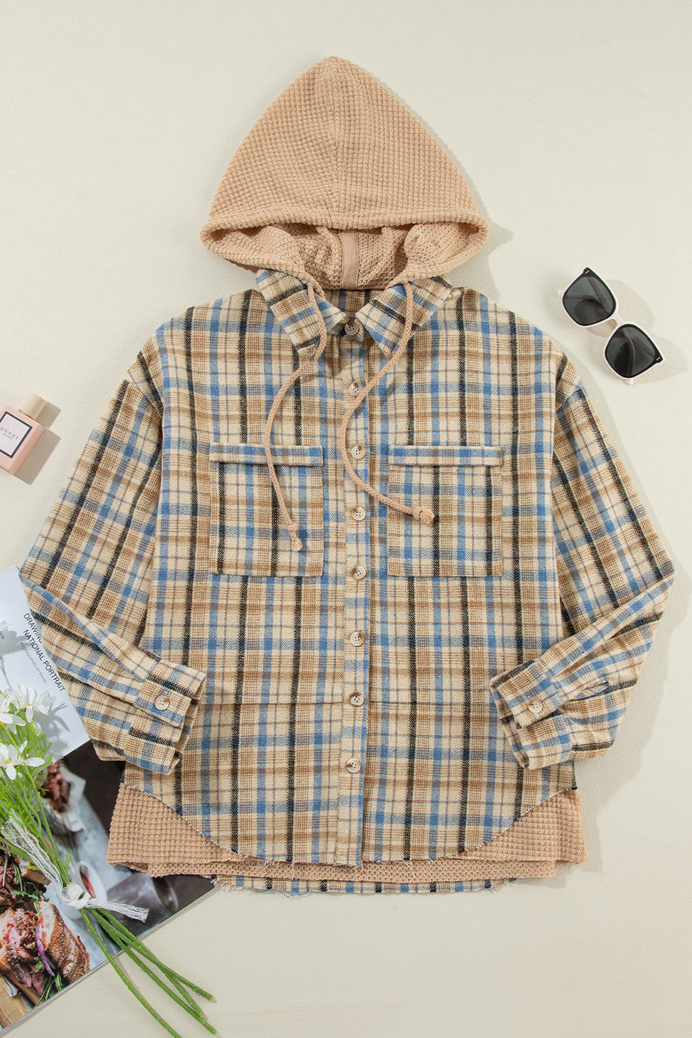 Plaid Waffle Knit Patchwork Shacket