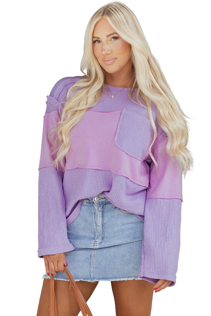 Colorblock Waffle Knit Patchwork Long Sleeve Top