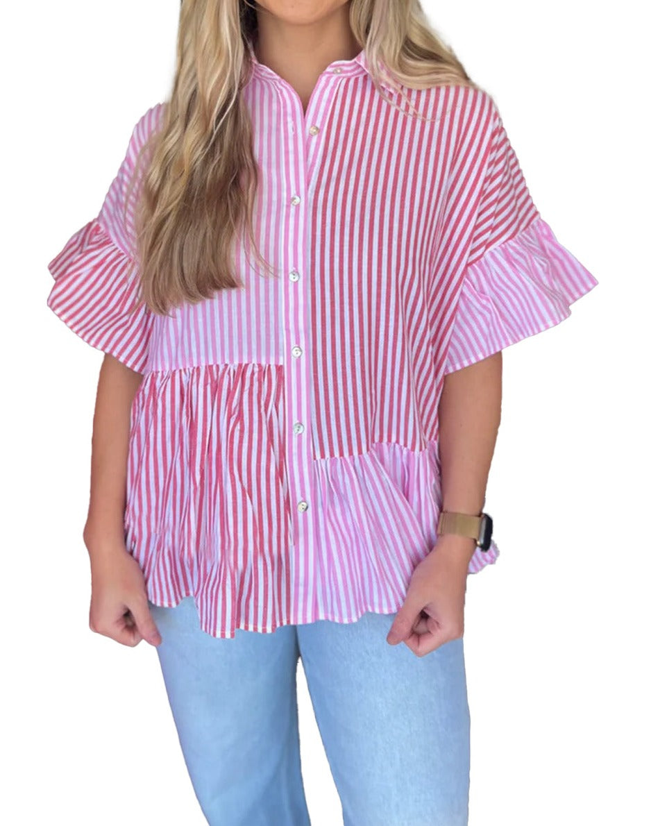 Stripe Patchwork Ruffle Hem Shirt