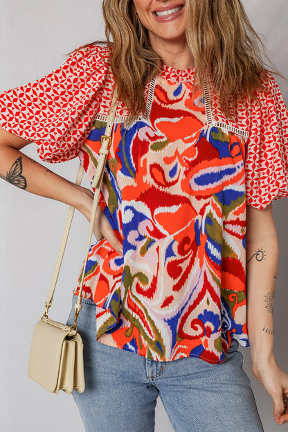 Paisley Geometric Patchwork Puff Sleeve Blouse
