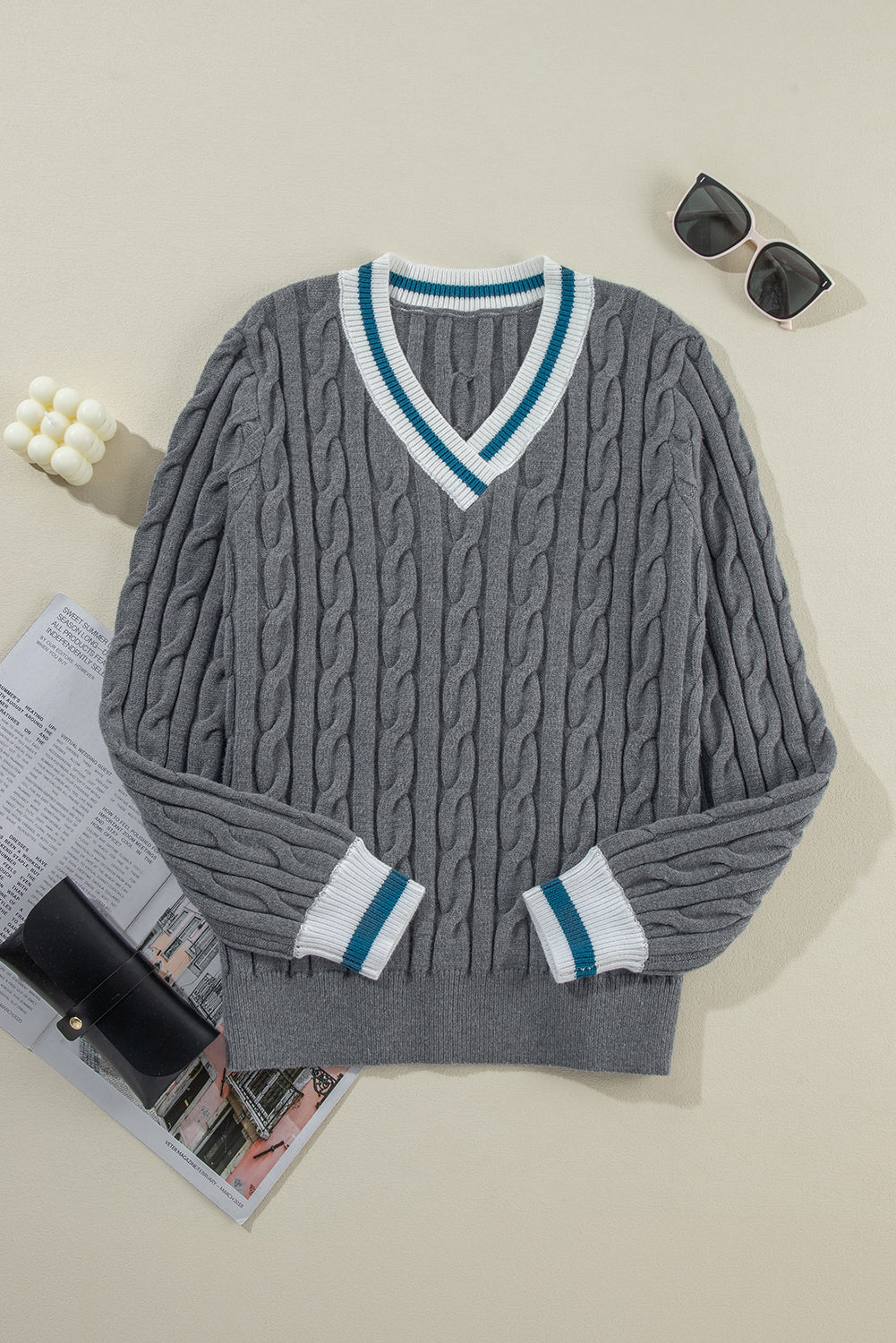 Contrast Ribbed Trim V-Neck Sweater