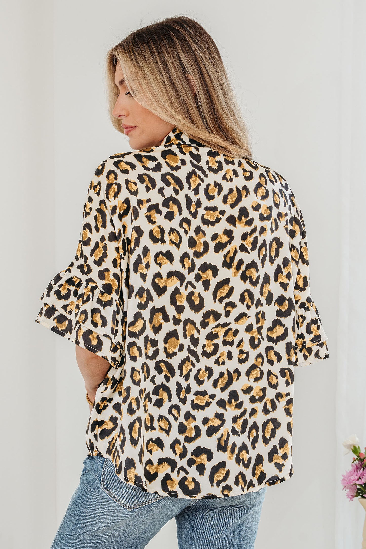 Leopard Ruffle Trim 3/4 Sleeve Buttoned Shirt