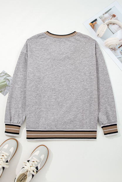 Varsity Contrast Stripe Trim V-Neck Sweatshirt