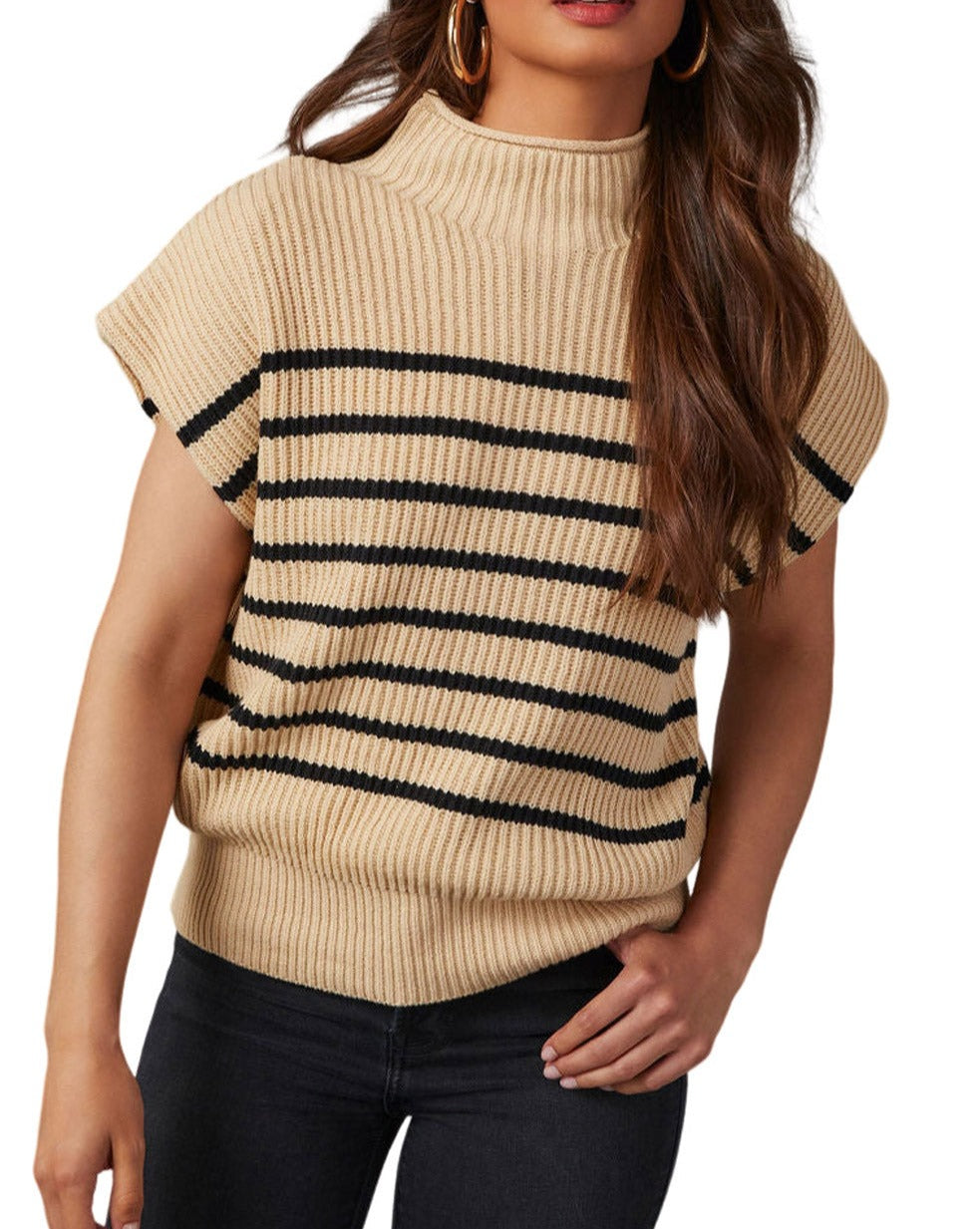 Stripe Ribbed Mock Neck Sweater