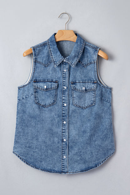 Denim Button Front Collared Sleeveless Vest