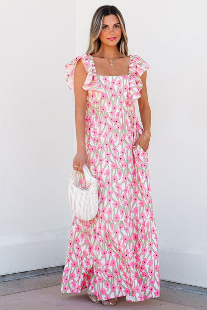 Floral Square Neck Ruffle Strap Maxi Dress