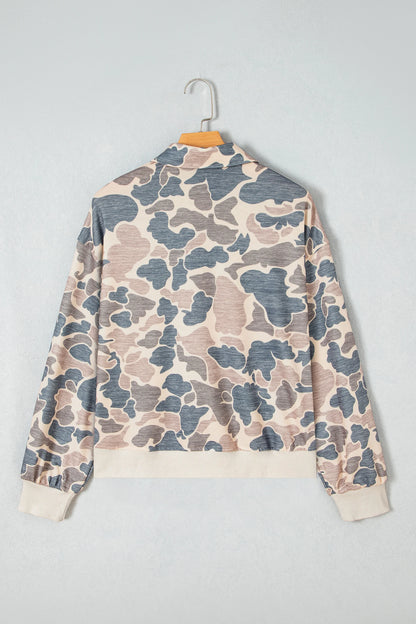 Camo Ribbed Contrast Trim Buttoned Collar Sweatshirt