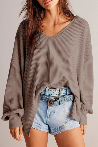 Waffle V-Neck Long Sleeve Blouse