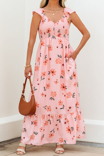 Floral V-Neck Smocked Ruffle Hem Maxi Dress