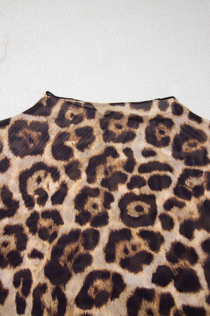 Leopard Mesh Mock Neck Long Sleeve Top