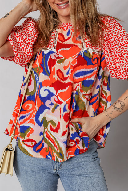 Paisley Geometric Patchwork Puff Sleeve Blouse
