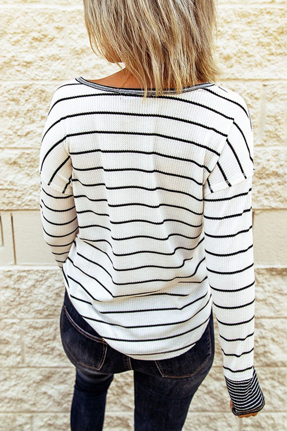 Stripe Waffle Buttoned Henley Shirt