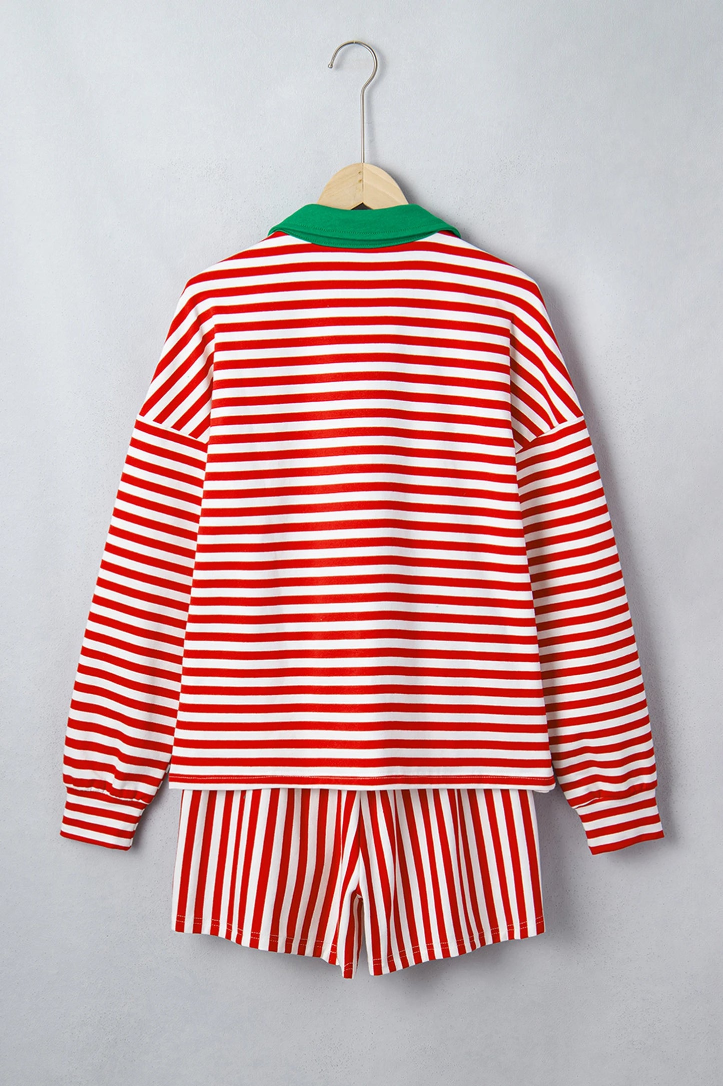 Stripe Colorblock Long Sleeve Collar Top & Shorts Set