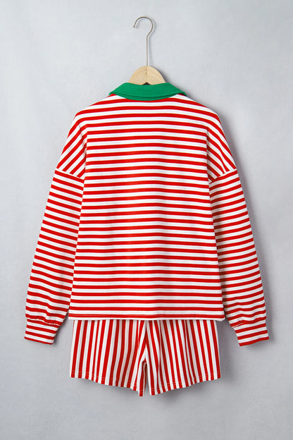 Stripe Colorblock Long Sleeve Collar Top & Shorts Set