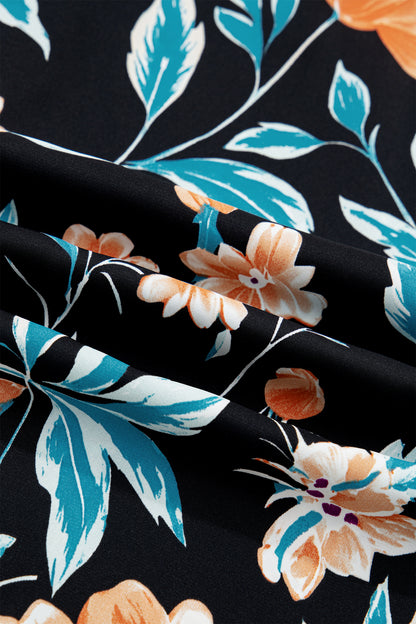 Floral Bubble Sleeve Buttoned Notch Neck Blouse