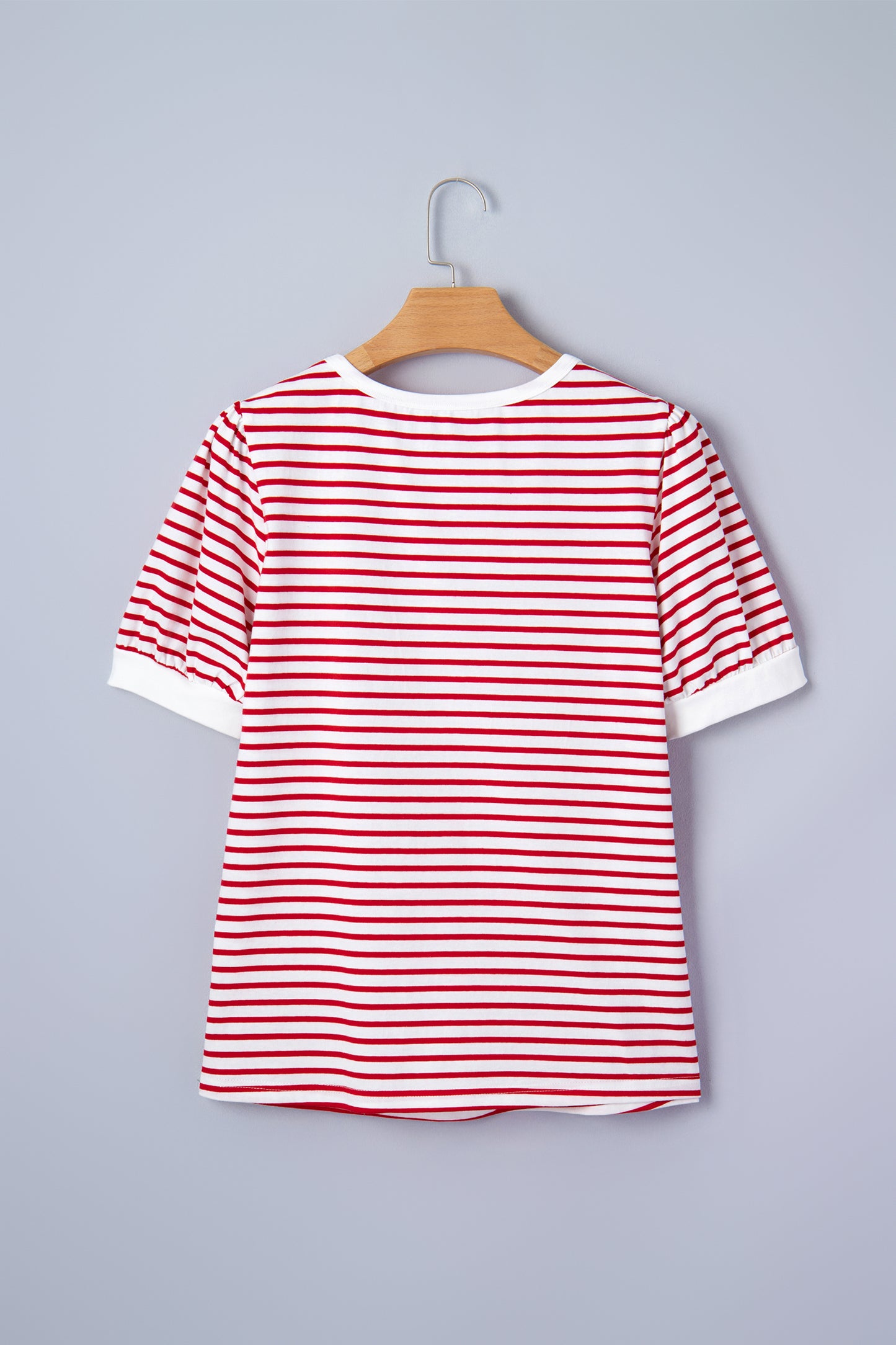 Stripe Contrast Trim Round Neck Puff Sleeve T-Shirt