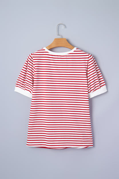 Stripe Contrast Trim Round Neck Puff Sleeve T-Shirt