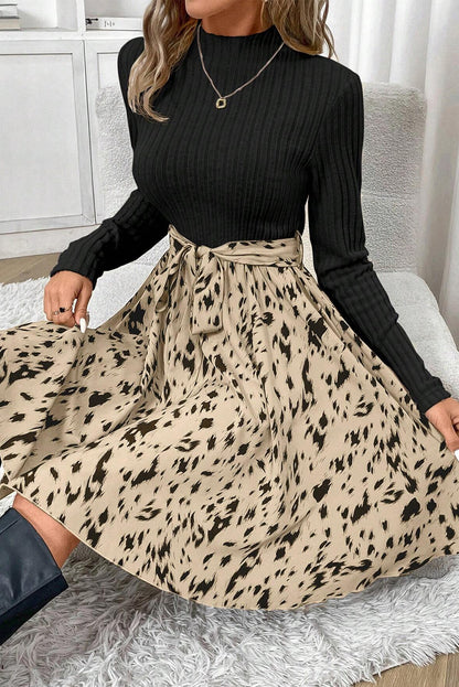 Leopard Patchwork Ribbed Belted Dress