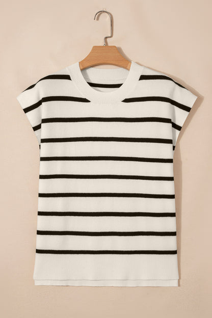 Stripe Side Slit Short Sleeve Sweater Tee